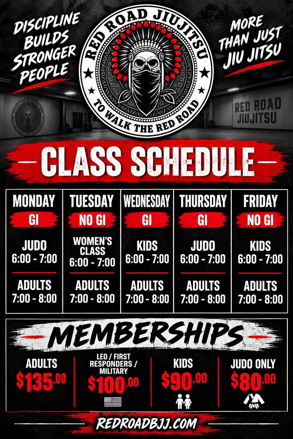 Red Road class schedule and memberships: Judo Only $80 per month; Judo Monday and Thursday 6–7 PM